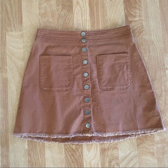 Madewell High Waist Snap Button Skirt Tan Denim Raw Hem Pockets Mini Pencil - Picture 4 of 15
